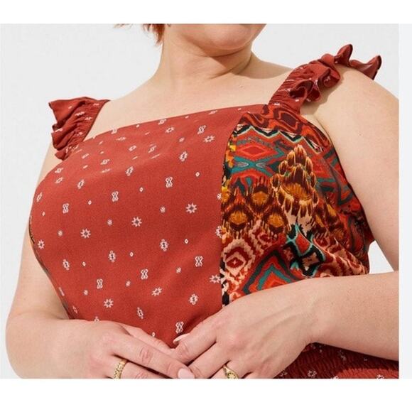 Torrid Top Women's 4X Challis Smocked Ruffles Trim Crop Bohemian Square Neck - Picture 1 of 10